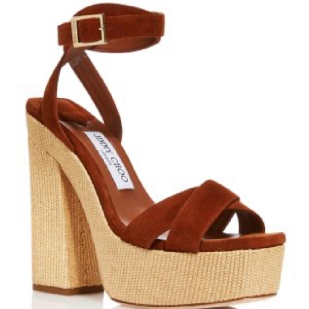 NWT JIMMY CHOO SUEDE GAIA PLATFORM SANDALS WITH RAFIA HEEL 14CM